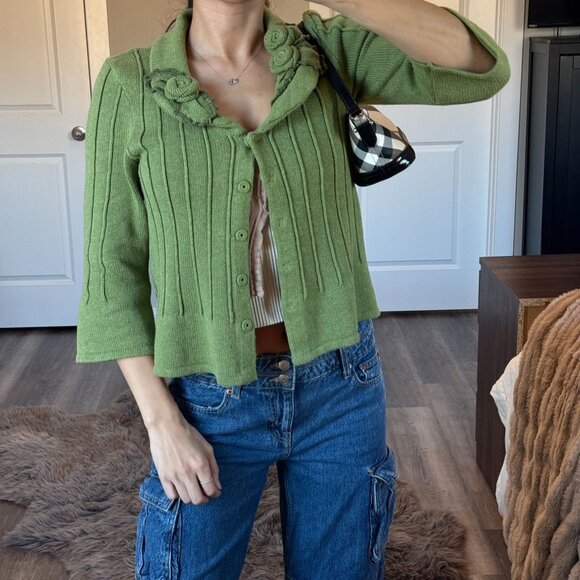 Vintage Y2K CAbi Green Knit Cardigan Cottagecore Rosette Collar Coquette Sweater - Picture 4 of 11